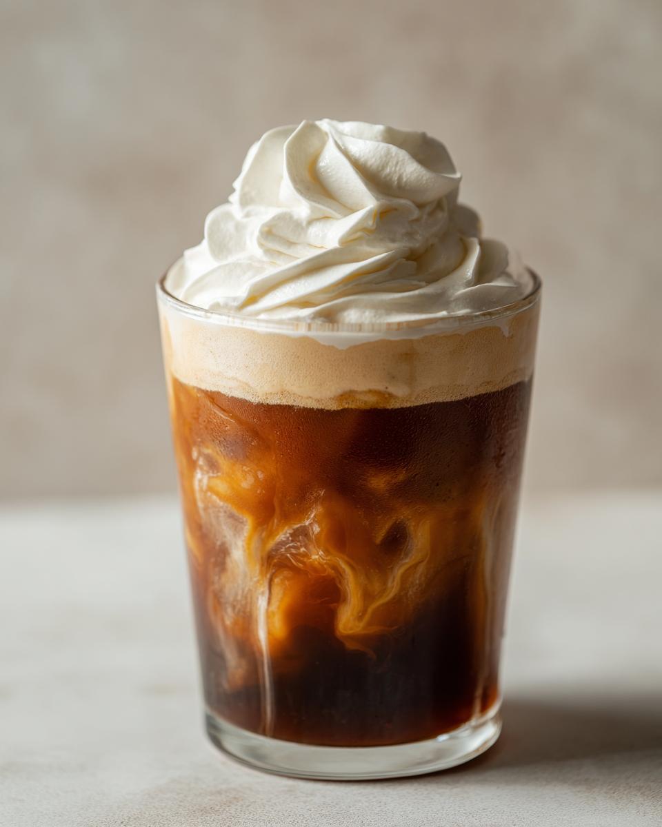 A glass of Pumpkin Cream Cold Brew Copycat with ice, coffee, cream, and a generous swirl of whipped topping.