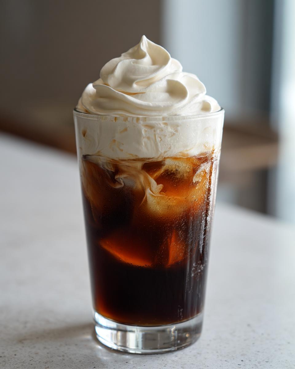 Tall glass of Pumpkin Cream Cold Brew Copycat with ice and a swirl of pumpkin cream topping.