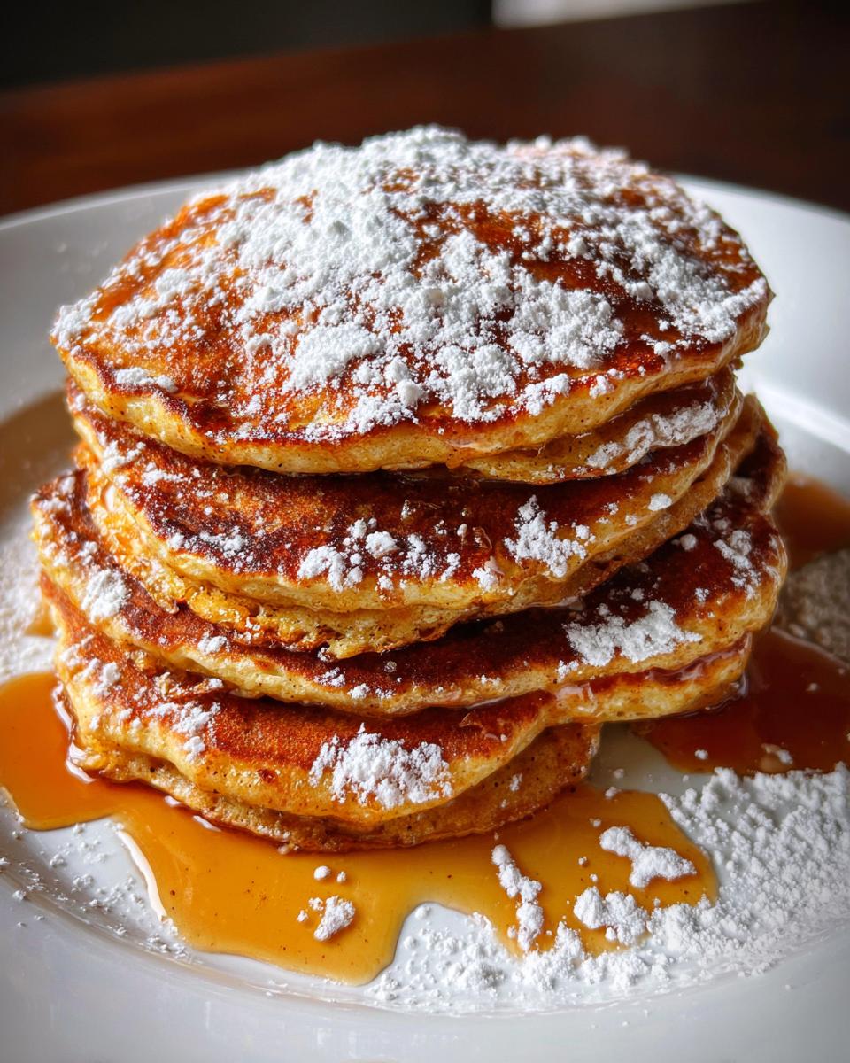 A stack of fluffy Pumpkin Pancakes topped with powdered sugar and syrup on a white plate.