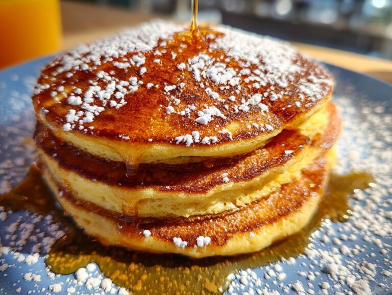 A stack of three fluffy Pumpkin Pancakes, topped with powdered sugar and drizzled with syrup.