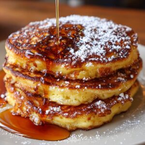 A stack of pumpkin pancakes drizzled with syrup and dusted with powdered sugar, ready to eat.