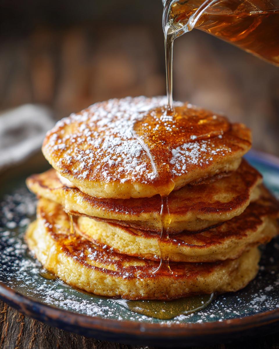 A stack of fluffy Pumpkin Pancakes drizzled with syrup and dusted with powdered sugar.