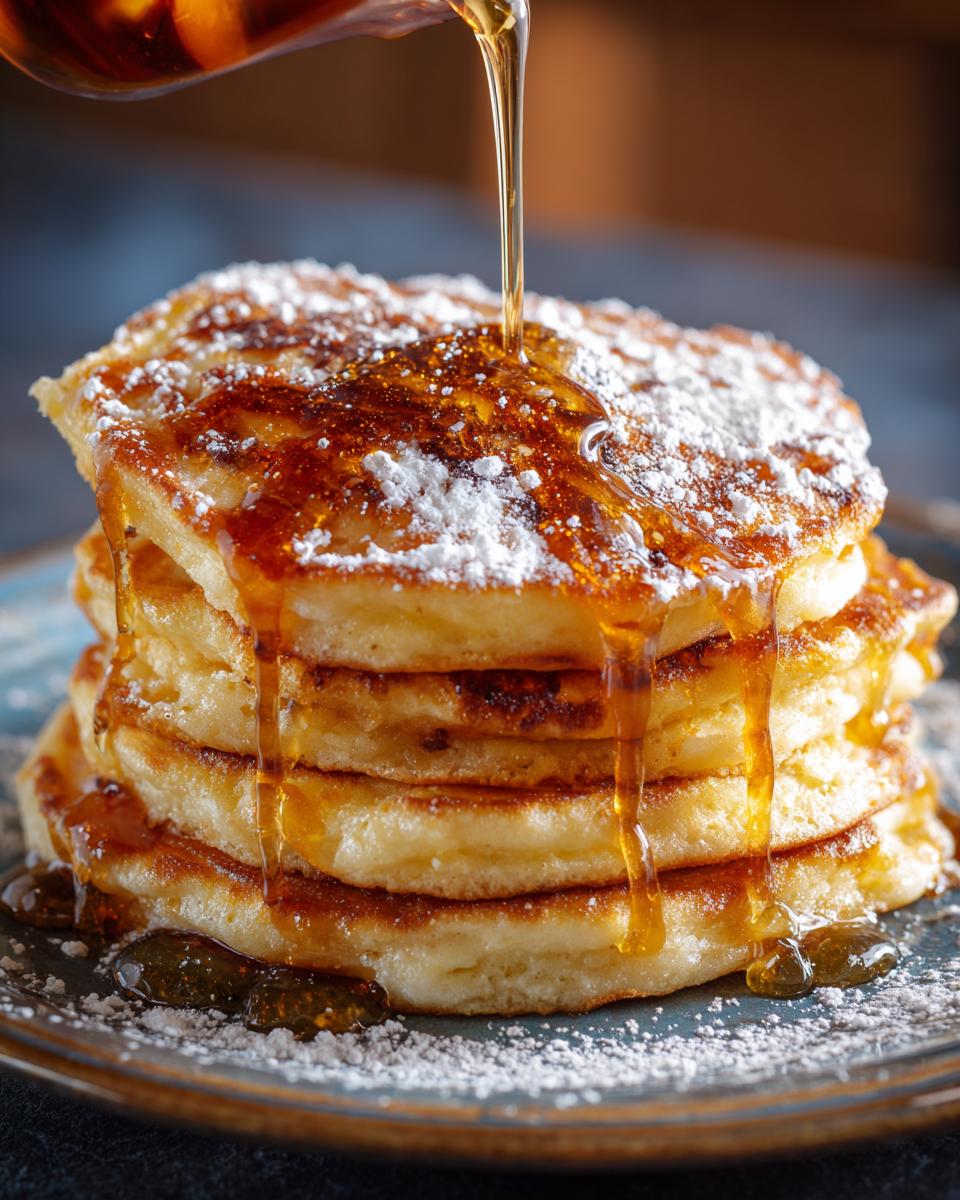 A stack of fluffy Pumpkin Pancakes drizzled with syrup and dusted with powdered sugar.
