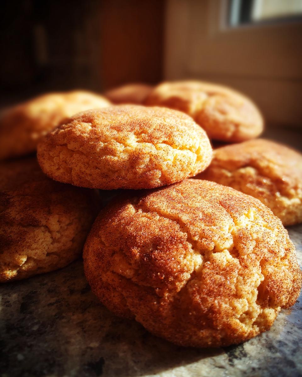 A stack of freshly baked Pumpkin Snickerdoodle Cookies, dusted with cinnamon sugar.