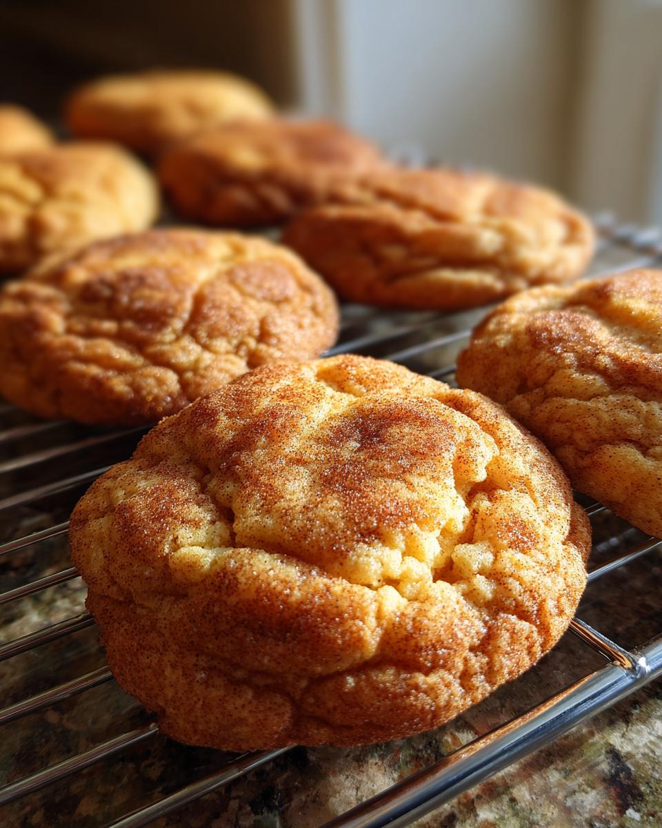 Close-up of freshly baked Pumpkin Snickerdoodle Cookies cooling on a wire rack.
