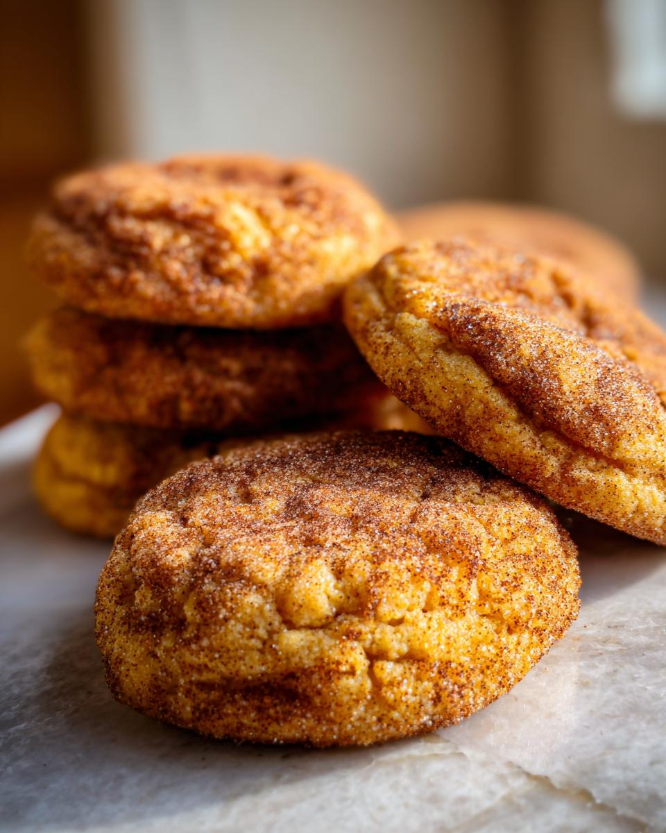 A stack of freshly baked Pumpkin Snickerdoodle Cookies, coated in cinnamon sugar.