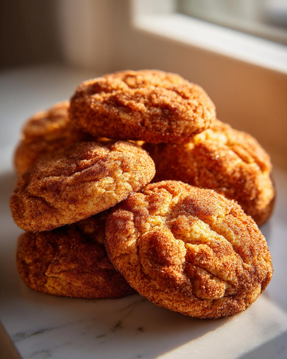 A stack of freshly baked Pumpkin Snickerdoodle Cookies, coated in cinnamon sugar.