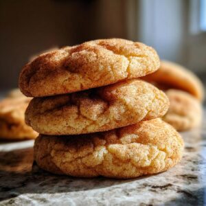 A stack of three Pumpkin Snickerdoodle Cookies, golden brown and coated in cinnamon sugar.