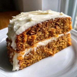 A delicious slice of Pumpkin Spice Cake with creamy white frosting on a white plate.