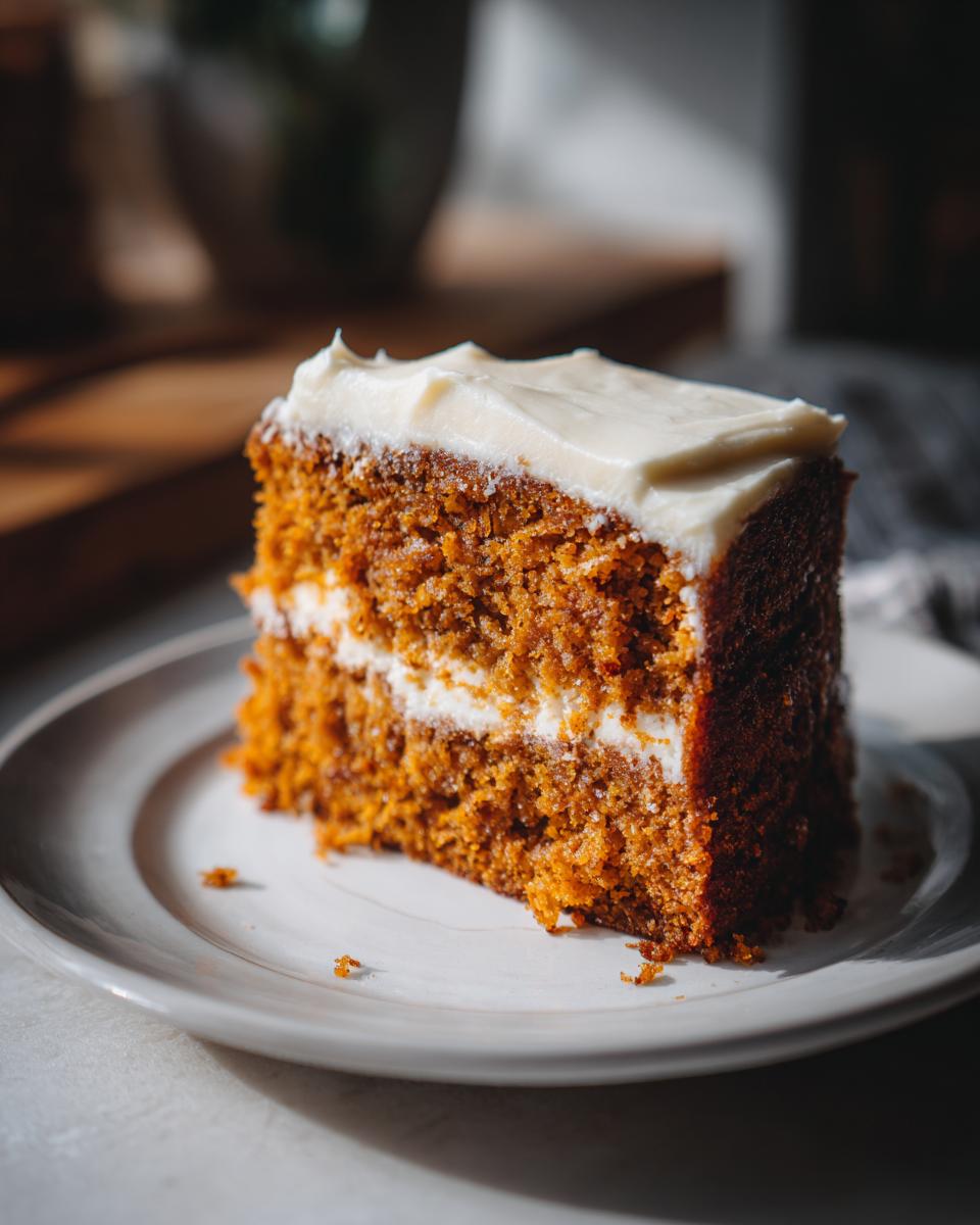 A delicious slice of Pumpkin Spice Cake with creamy white frosting on a white plate.