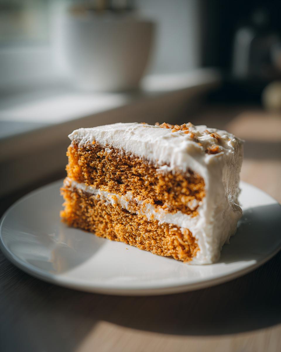 A slice of two-layer Pumpkin Spice Cake with white frosting, served on a white plate.