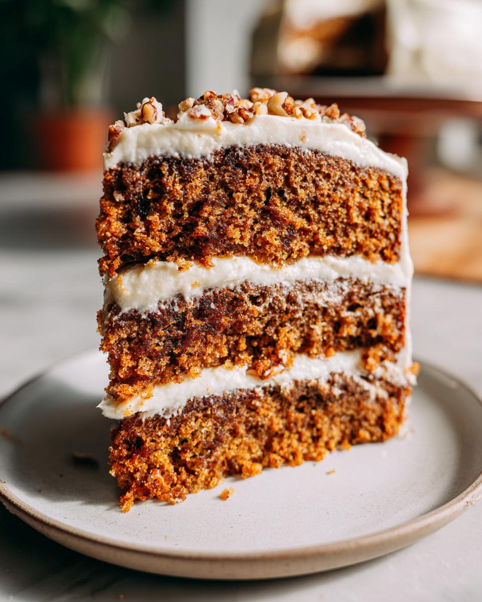 A delicious slice of three-layer Pumpkin Spice Cake with white frosting and nut topping on a plate.