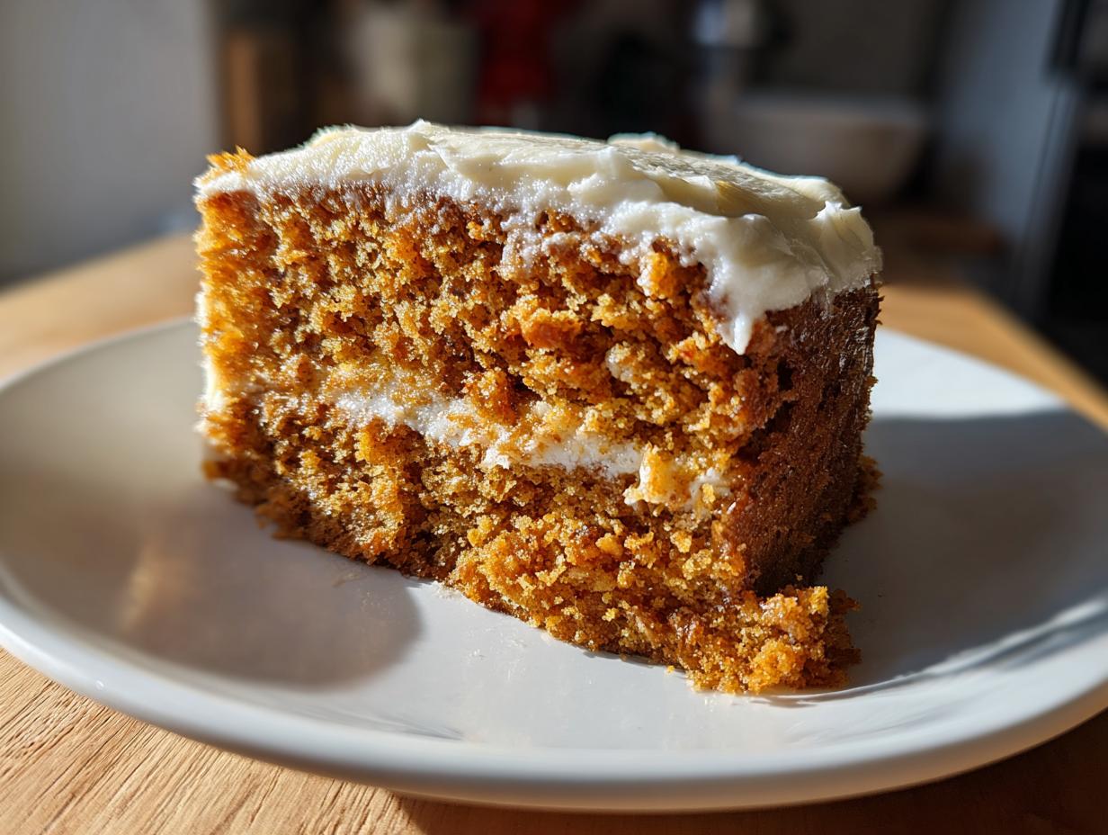 A delicious slice of Pumpkin Spice Cake with creamy white frosting on a white plate, ready to eat.
