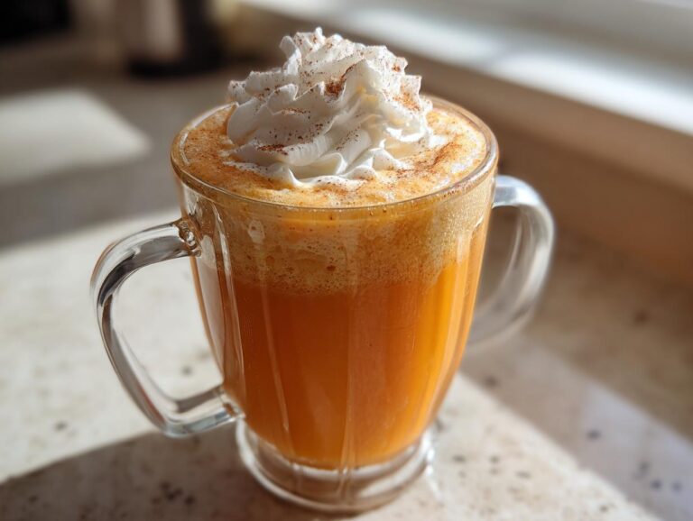 A delicious Pumpkin Spice Latte Copycat in a clear glass mug, topped with whipped cream and a sprinkle of spice.