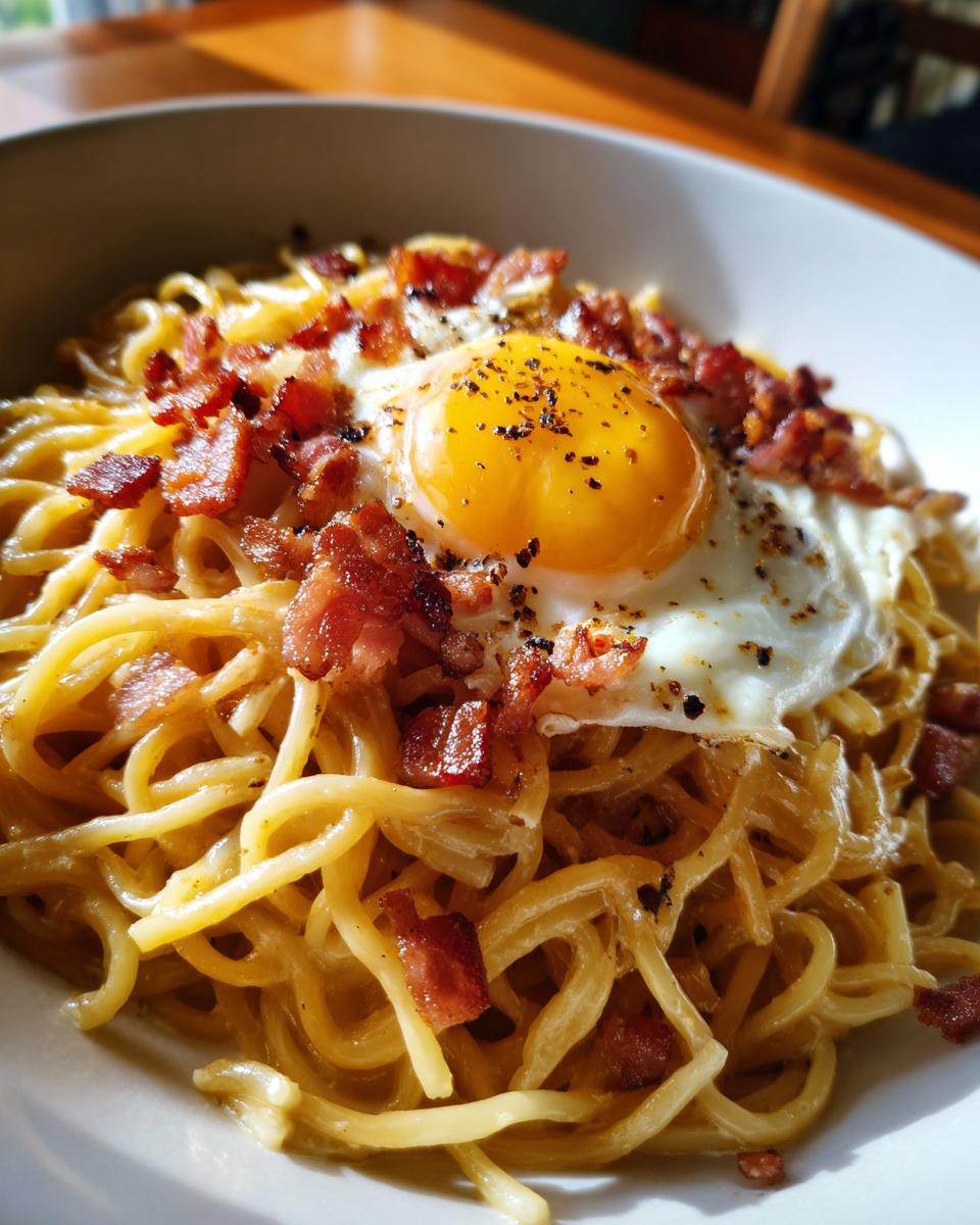 A bowl of Ramen Carbonara topped with crispy bacon and a perfectly fried egg, seasoned with black pepper.