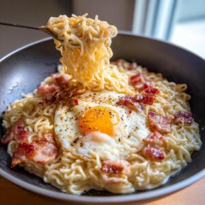 Close-up of Ramen Carbonara with a fried egg, bacon, and creamy sauce, some ramen lifted with a fork.