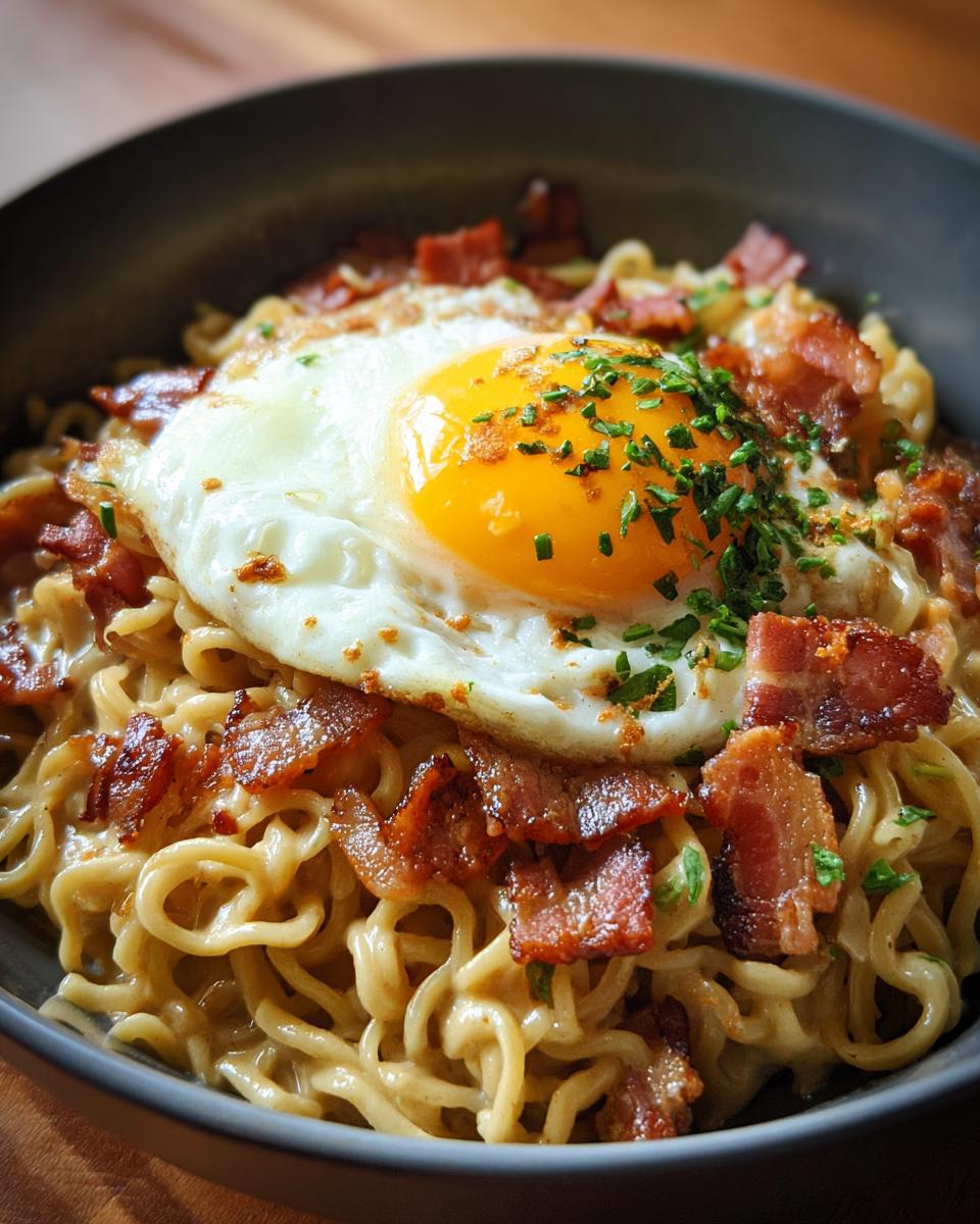Bowl of creamy Ramen Carbonara topped with a fried egg, crispy bacon, and fresh herbs.