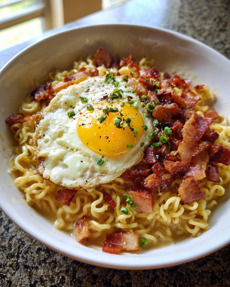 A bowl of Ramen Carbonara topped with a fried egg, crispy bacon, and fresh chives.