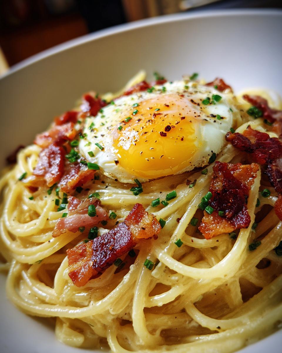 Close-up of Ramen Carbonara topped with a fried egg, crispy bacon, and fresh chives.