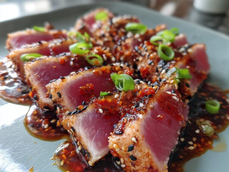 Close-up of sliced Seared Ahi Tuna, crusted with sesame seeds and garnished with green onions.