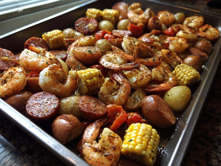 A sheet pan shrimp boil featuring shrimp, sausage, potatoes, corn, and tomatoes, seasoned and ready to eat.