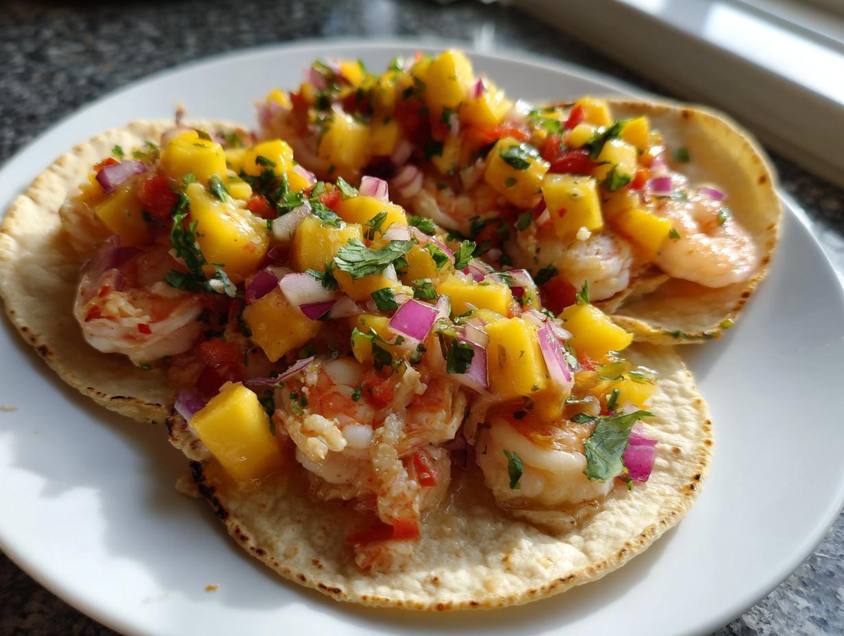 Three shrimp tacos with mango salsa on a white plate. A vibrant and delicious Shrimp Tacos dish.