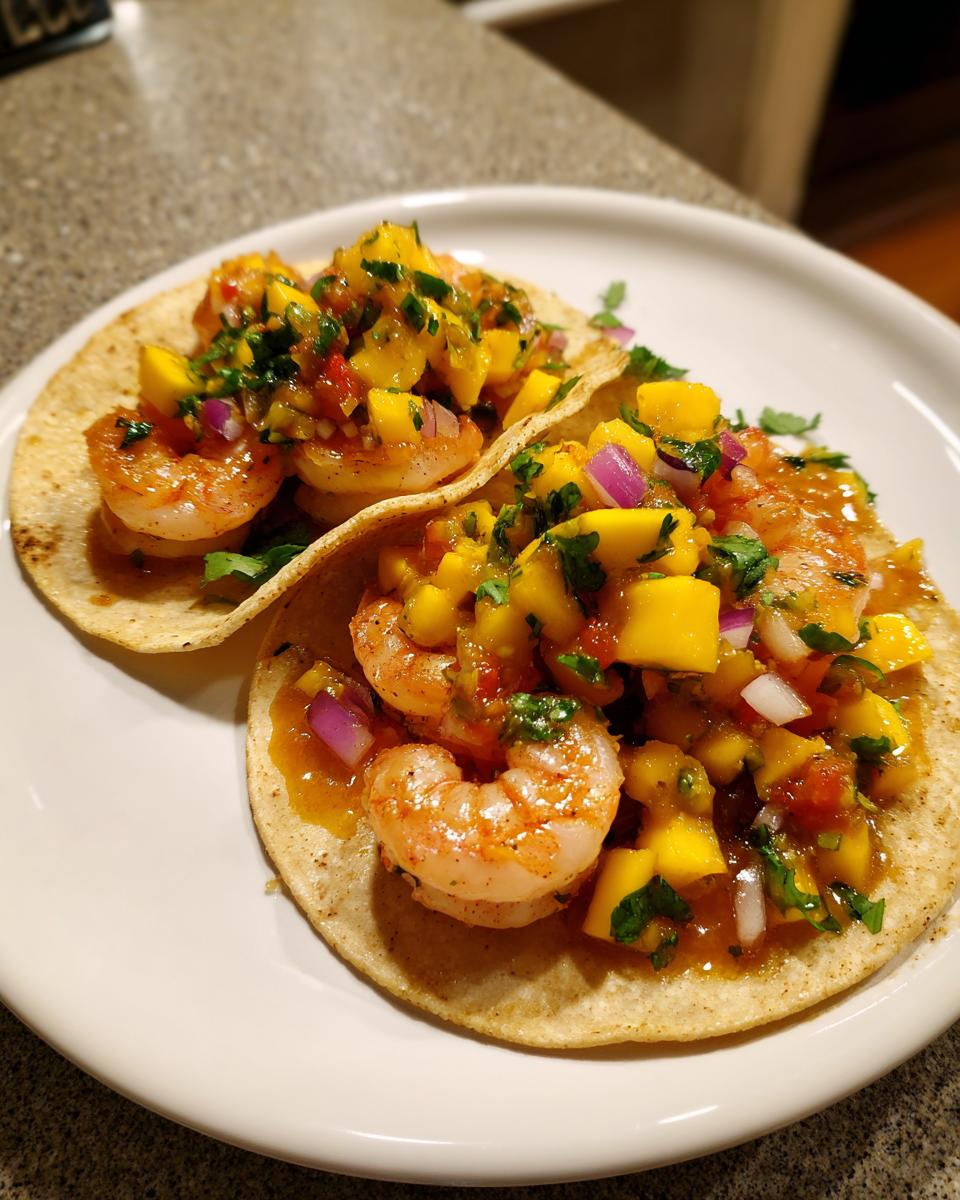Two Shrimp Tacos with Mango Salsa on a white plate, featuring shrimp, mango, red onion, and cilantro.