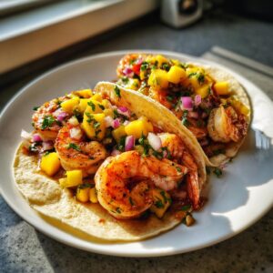 Two Shrimp Tacos with Mango Salsa on a white plate, featuring grilled shrimp, mango, red onion, and cilantro.