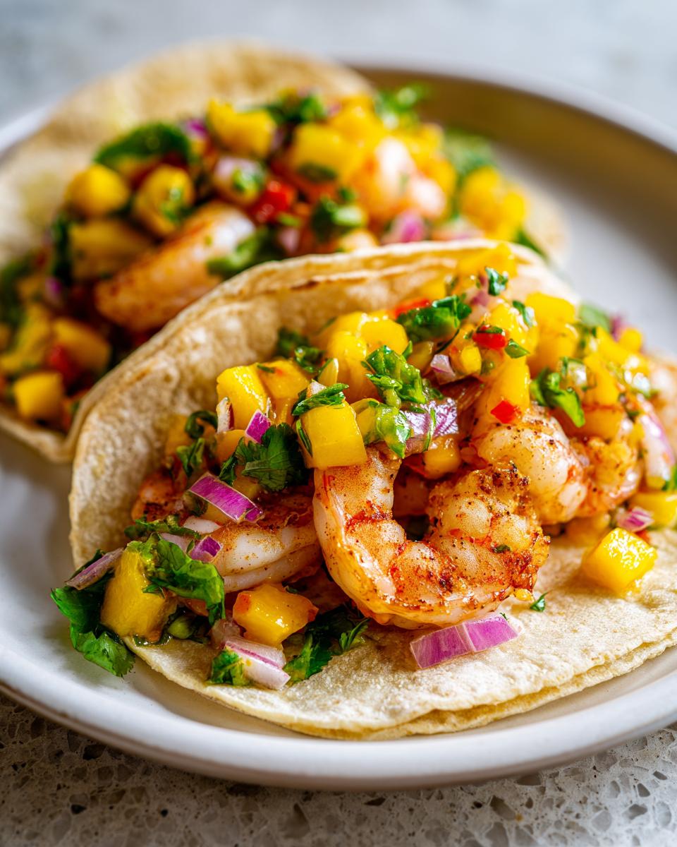 Two Shrimp Tacos with Mango Salsa on a plate, featuring grilled shrimp, fresh mango, and red onion.