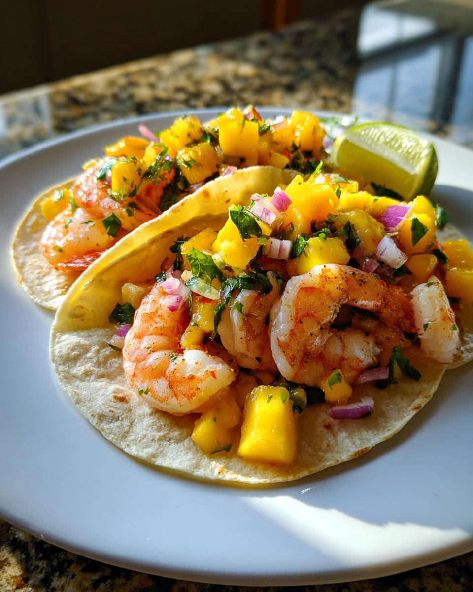 Two Shrimp Tacos with Mango Salsa on a white plate with a lime wedge. Ready to eat!