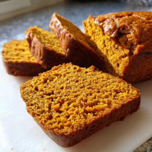 Close-up of sliced pumpkin bread, showcasing its moist texture and warm, inviting color.