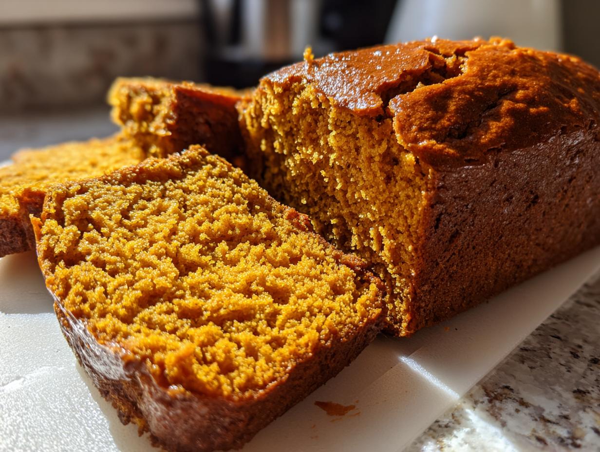 Close-up of a sliced loaf of moist pumpkin bread, showcasing its texture and rich color.