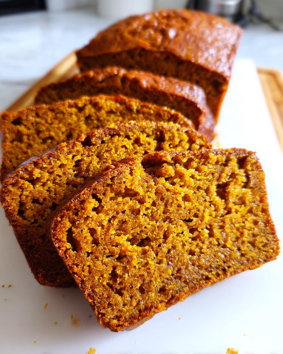 Close-up of sliced Pumpkin Bread showing the moist texture and warm color.