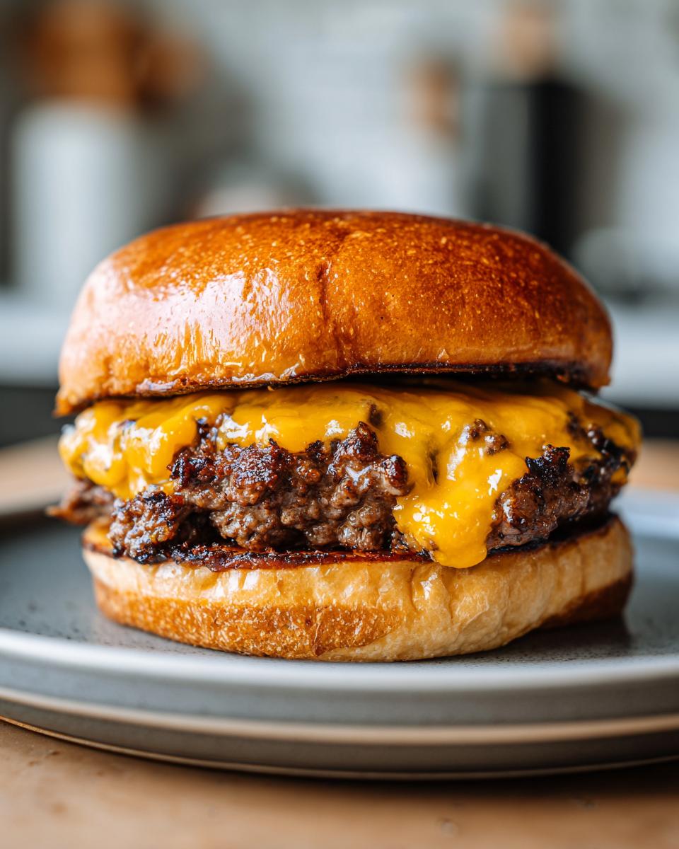A delicious Smash Burger Recipe featuring a juicy patty, melted cheese, and a toasted bun on a gray plate.