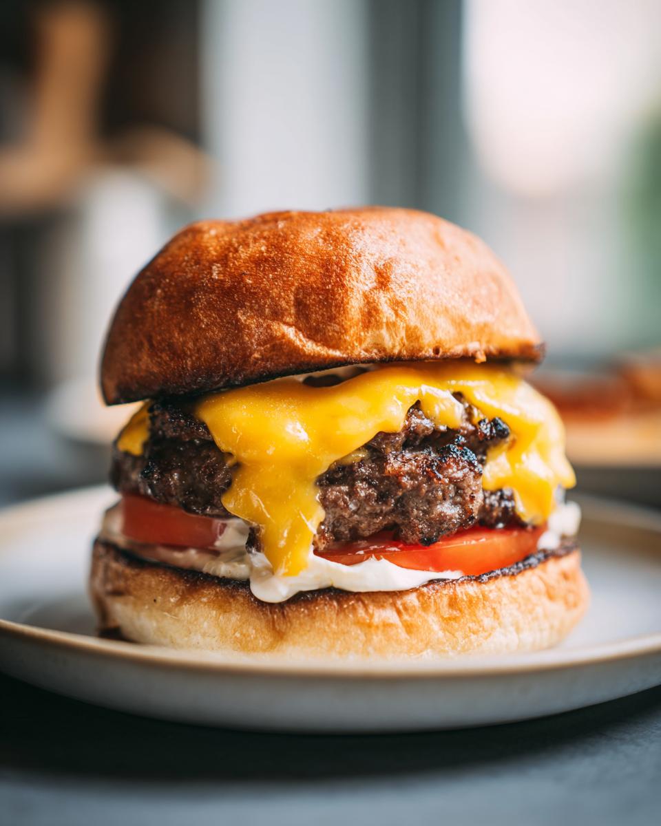 A juicy Smash Burger Recipe featuring a double patty, melted cheese, tomato, and creamy sauce on a toasted bun.
