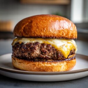 A juicy Smash Burger Recipe with melted cheese on a toasted bun, presented on a plate.