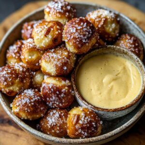 A bowl of golden Soft Pretzel Bites with Beer Cheese dipping sauce, sprinkled with coarse salt.