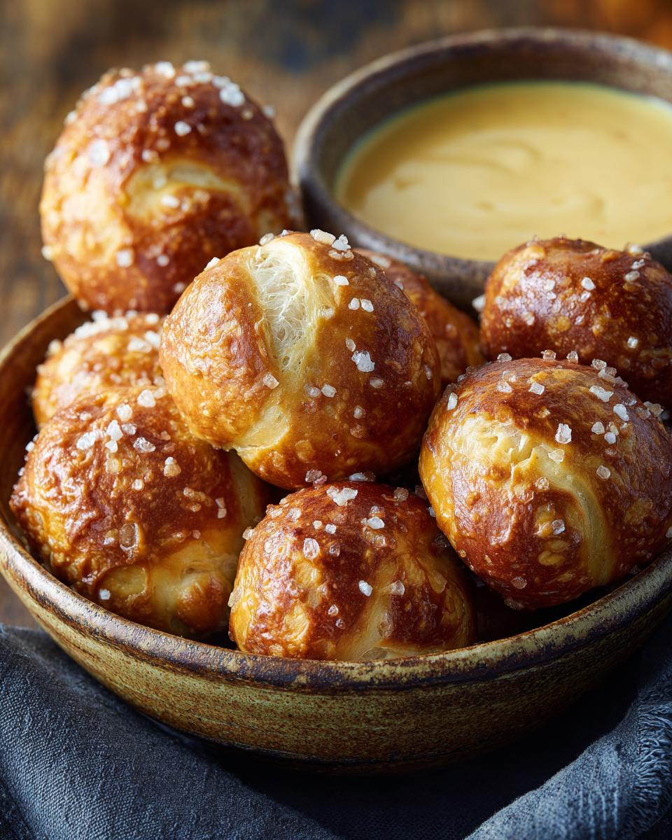 Close-up of soft pretzel bites in a bowl, sprinkled with salt, served with beer cheese dip.