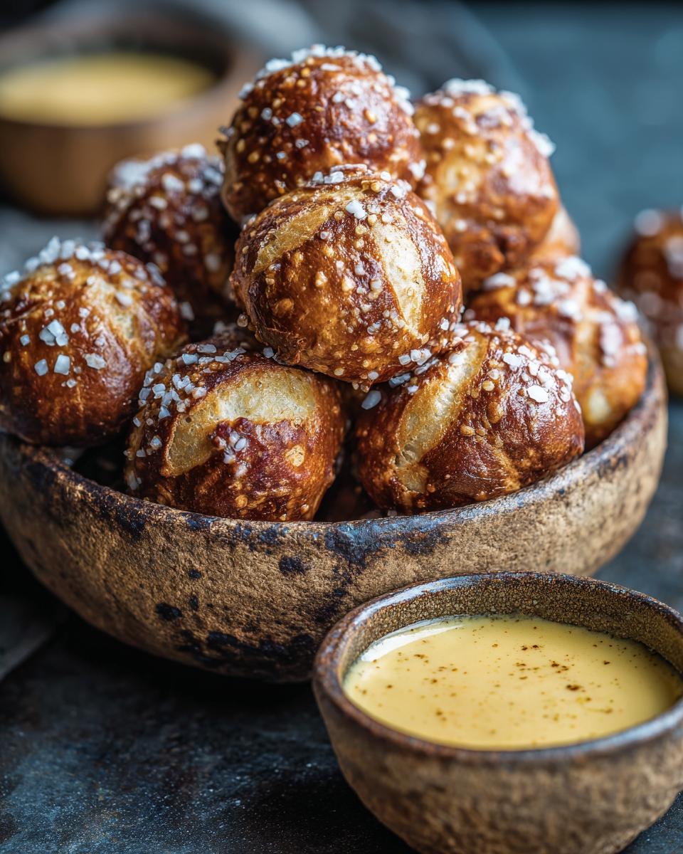 Close-up of a bowl of soft pretzel bites sprinkled with salt, served with beer cheese dip.