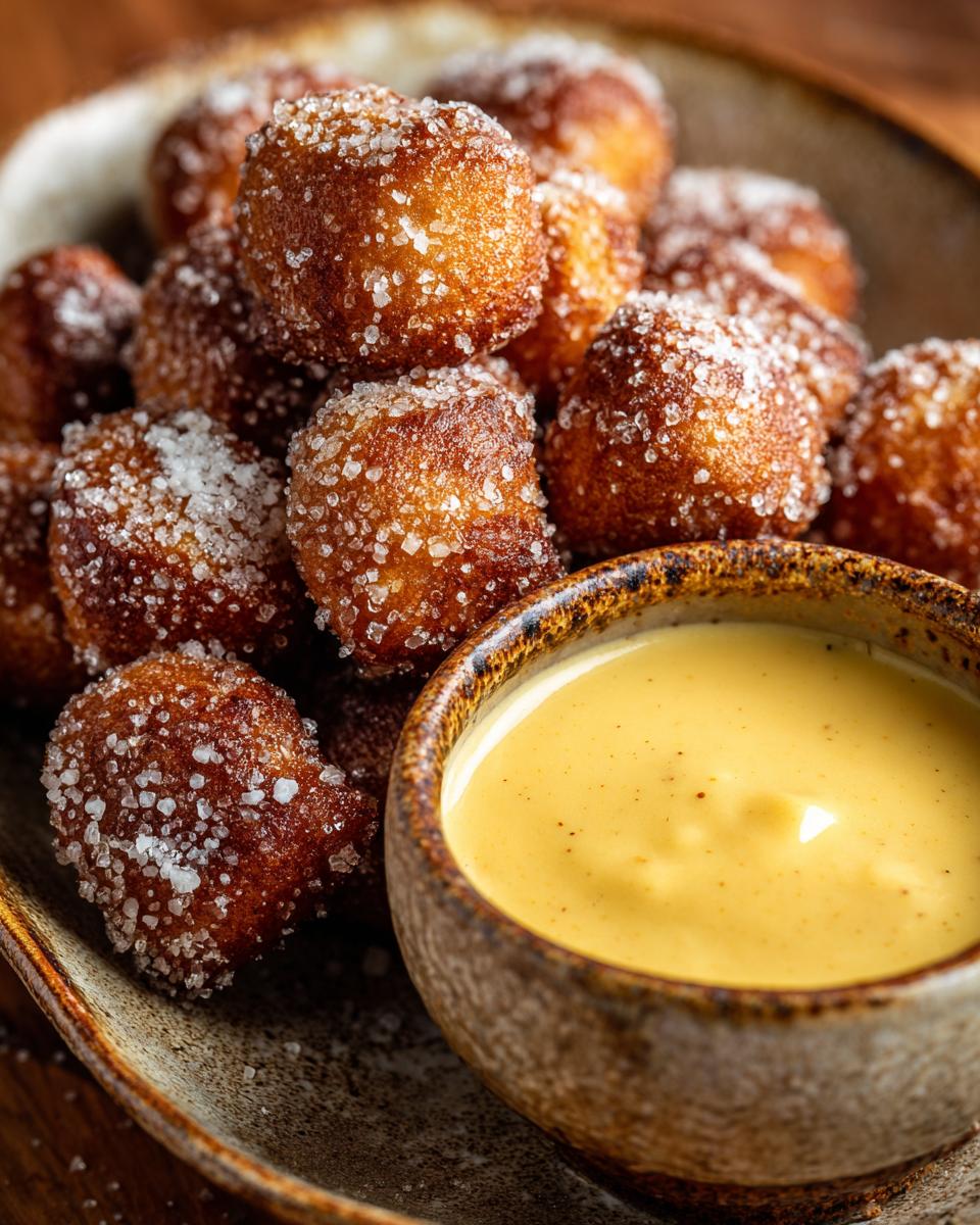 Close-up of sugar-coated soft pretzel bites served with a side of creamy beer cheese dip.