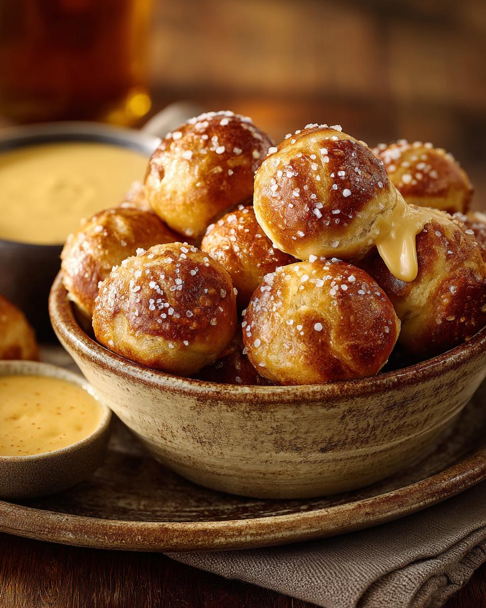 Close-up of a bowl filled with golden Soft Pretzel Bites, some oozing with beer cheese, sprinkled with salt.