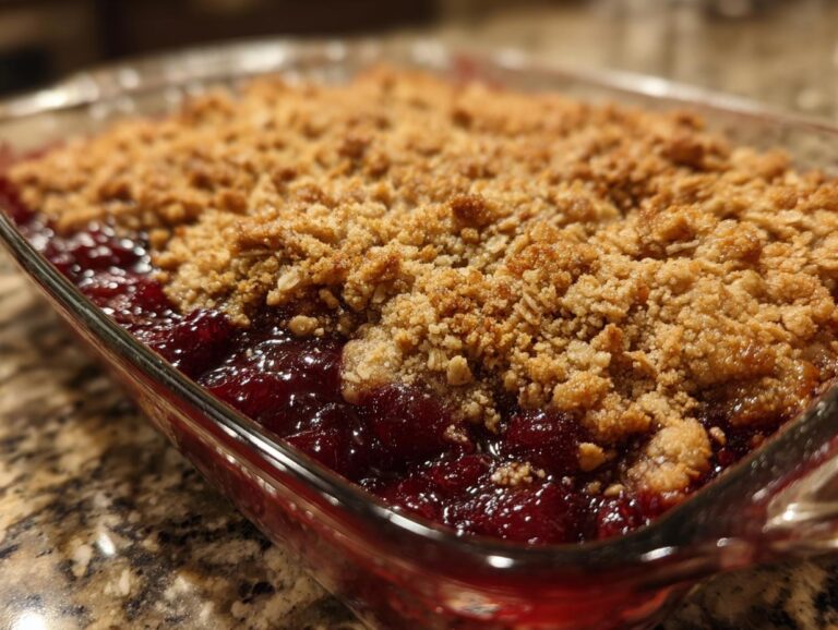 Close-up of a freshly baked sour cherry crisp with a golden brown topping in a glass baking dish.