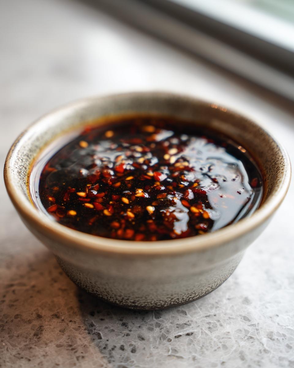 Close-up of a bowl of dark, spicy Dumpling Sauce with chili flakes and sesame seeds.