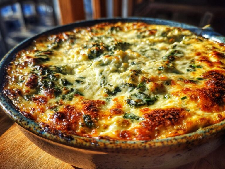 Close-up of a bubbly, golden-brown Spinach Artichoke Dip in a ceramic bowl, ready to be served.