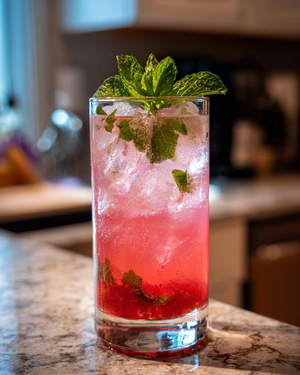 Tall glass of homemade Strawberry Lemonade with ice and fresh mint garnish.