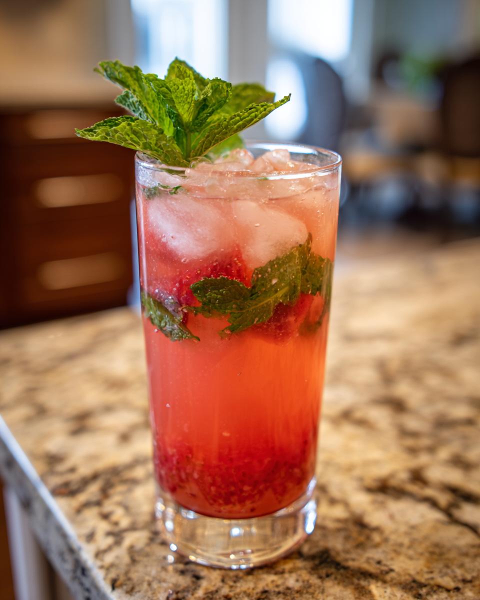 Tall glass of Strawberry Lemonade with ice and mint garnish on a granite countertop.