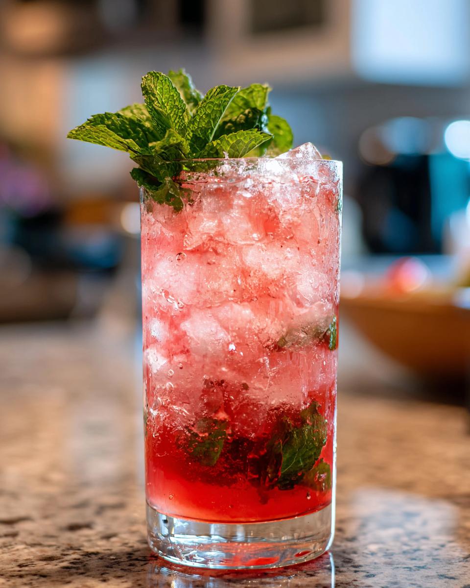 A tall glass of Strawberry Lemonade with ice and mint garnish, ready to drink.