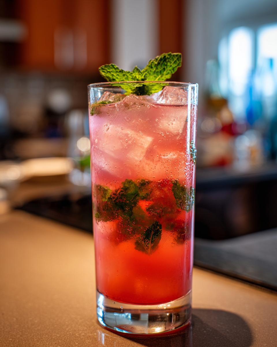 Tall glass of Strawberry Lemonade with ice and mint garnish. A refreshing summer drink.