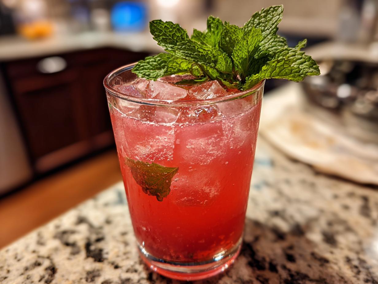 Icy Strawberry Lemonade in a glass, garnished with fresh mint sprigs. A refreshing summer drink.