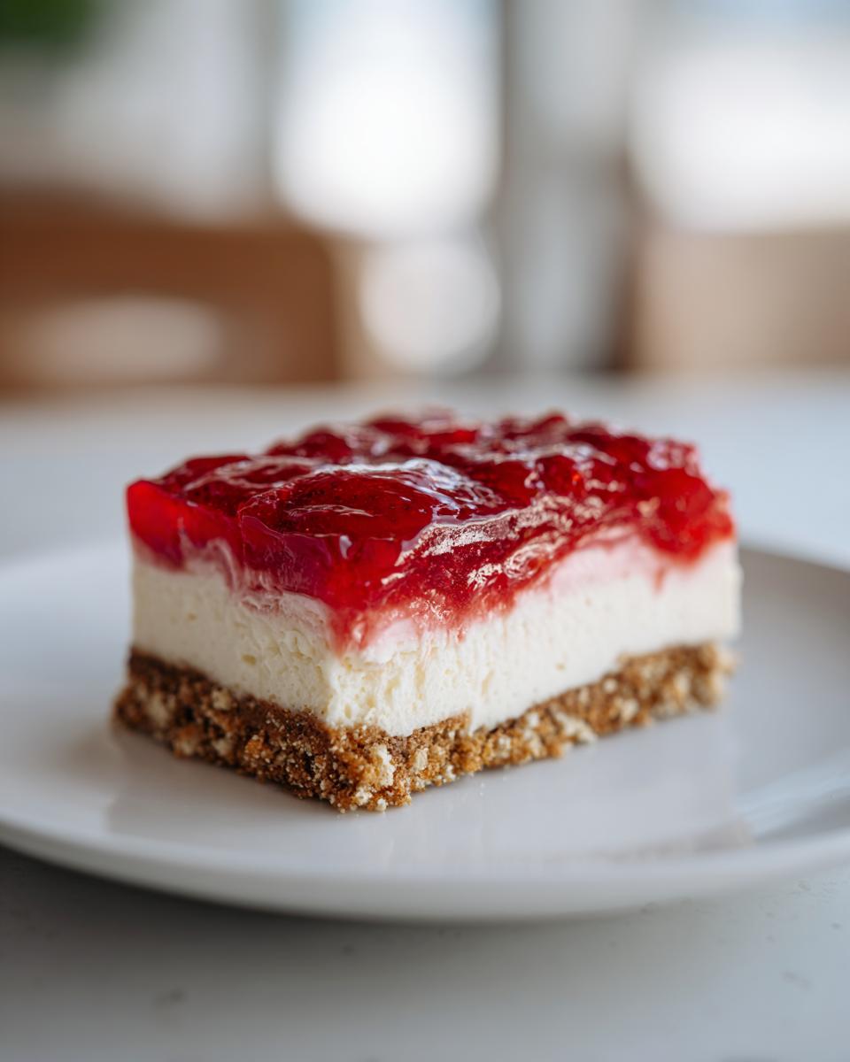 A single slice of Strawberry Pretzel Salad, showcasing the pretzel crust, cream cheese layer, and strawberry topping.